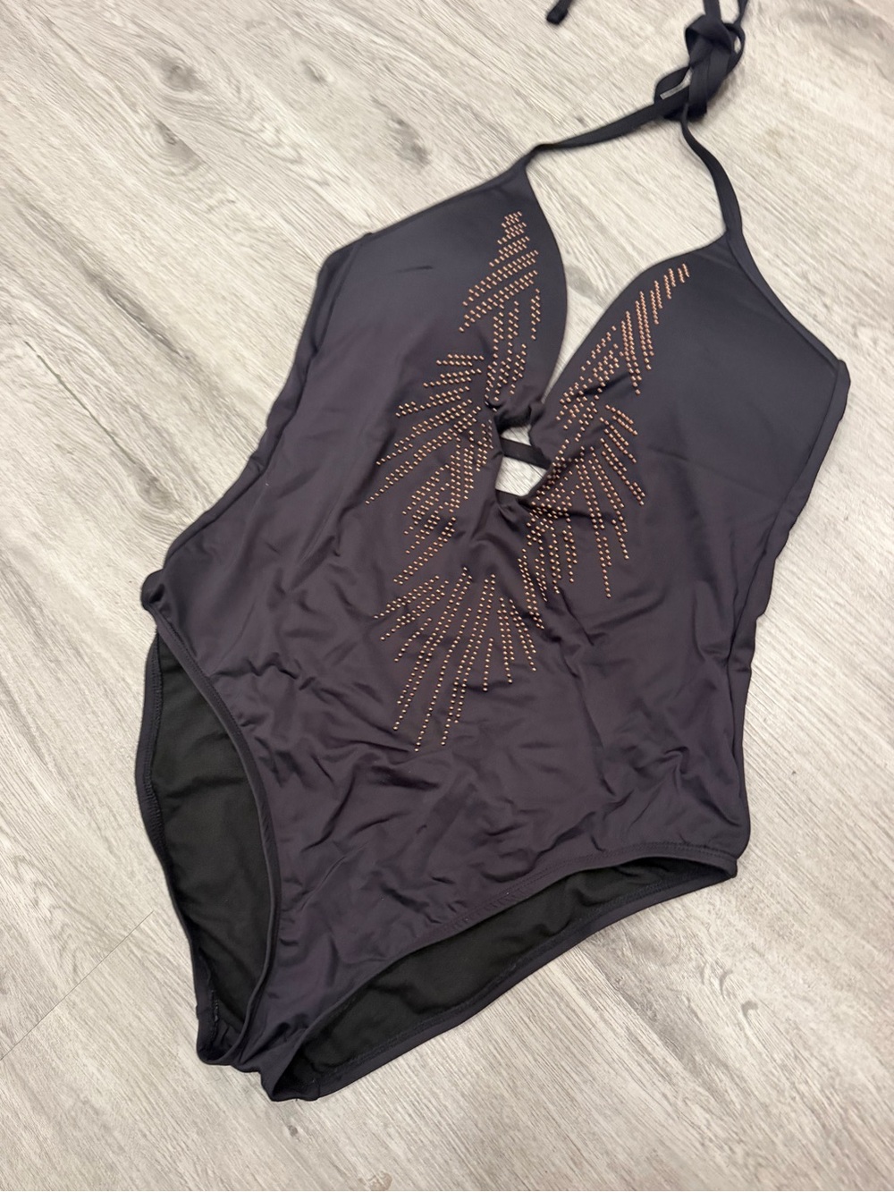 Kenneth Cole Black Jungle Fever Halter Plunge Studded One piece Swimsuit Sz L